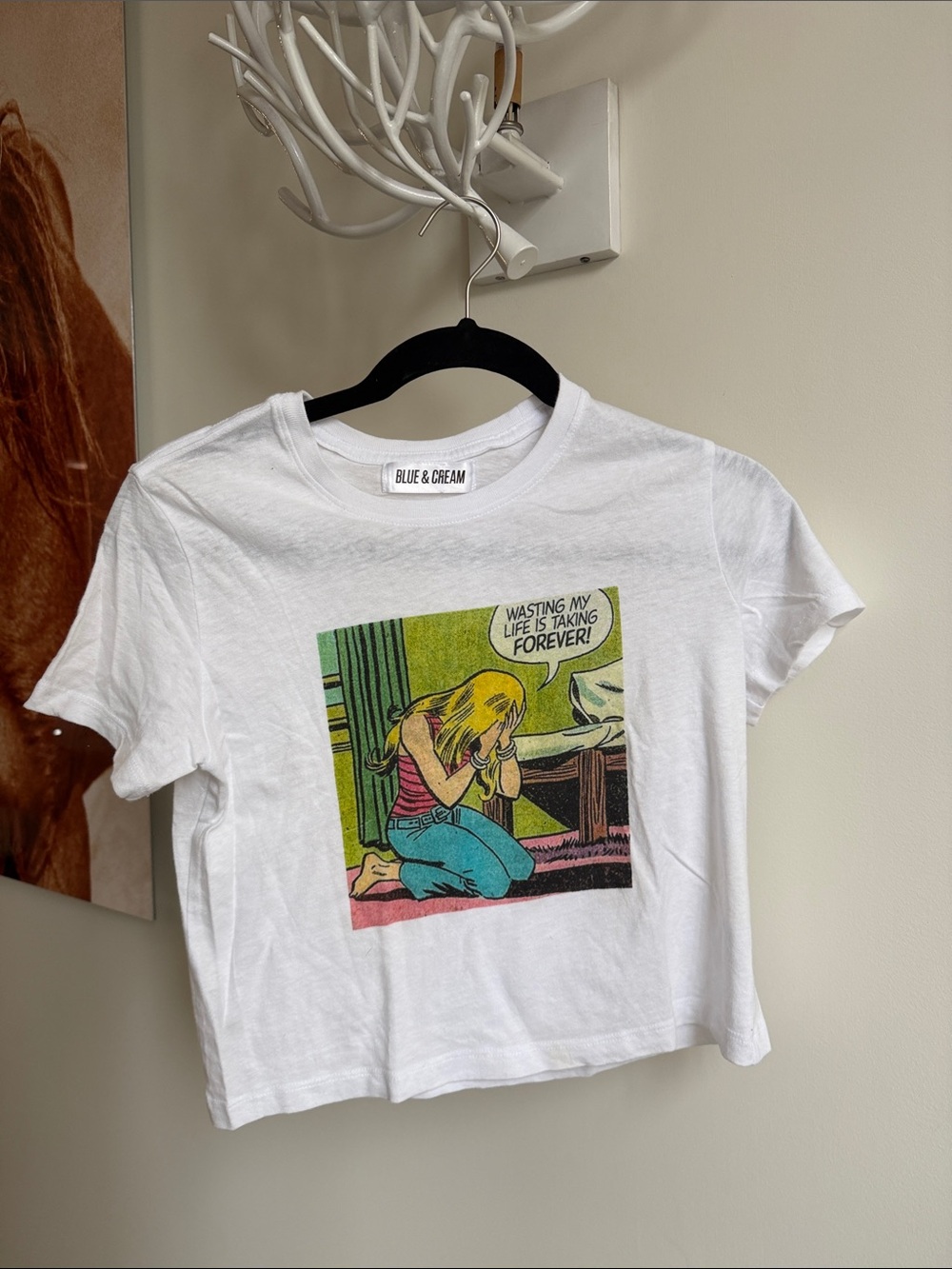 Blue & Cream White Pop Art Comic Crop Tee